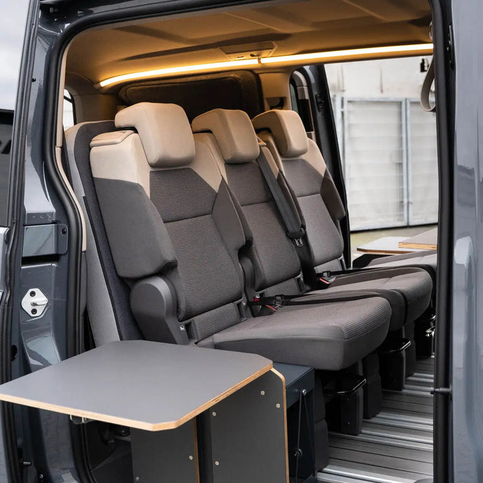 TableBox storage space with folding table for VW T7 Multivan from SpaceCamper Modular